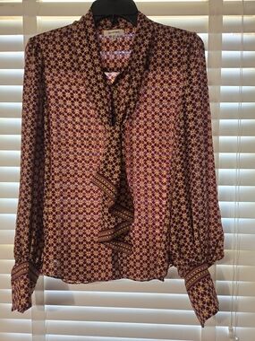 Vintage Max Studio Purple and Gold Geo-Print Tie-Neck Blouse XS